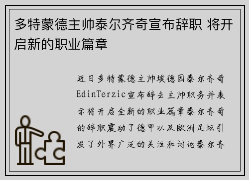 多特蒙德主帅泰尔齐奇宣布辞职 将开启新的职业篇章
